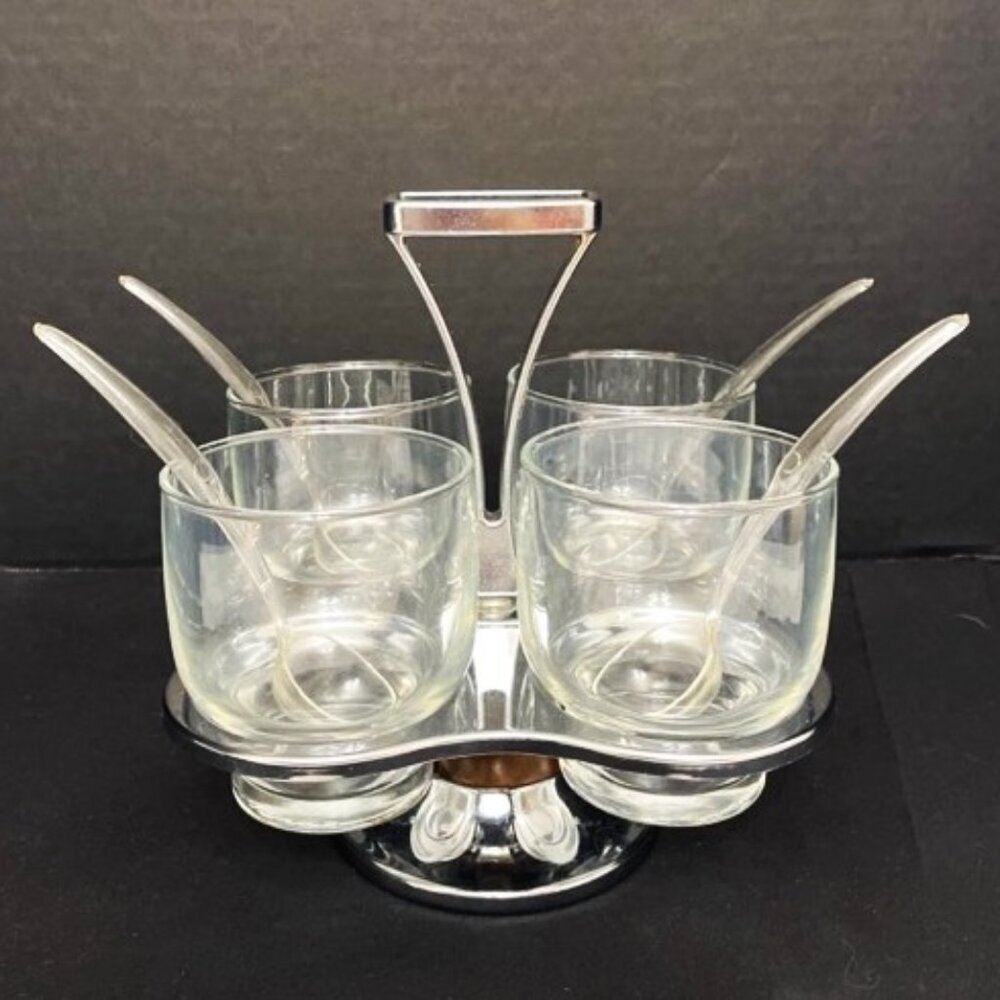 Vtg Milbern Glass Chrome Wood Relish Lazy Susan w/ Spoons & Box Retro‎ MCM Party